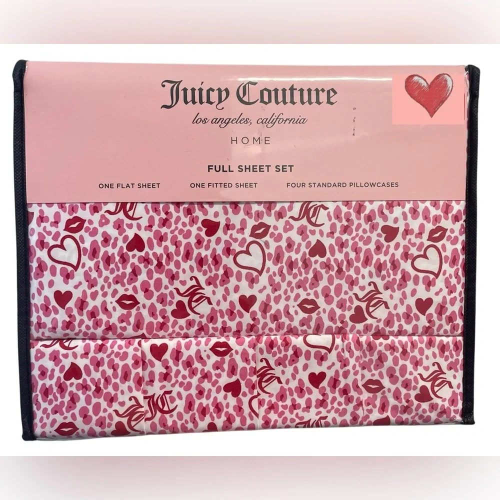Juicy Couture 6pc DP Full Sheet Set White Red Pink Hearts Lips 4 Pillowcases NIP